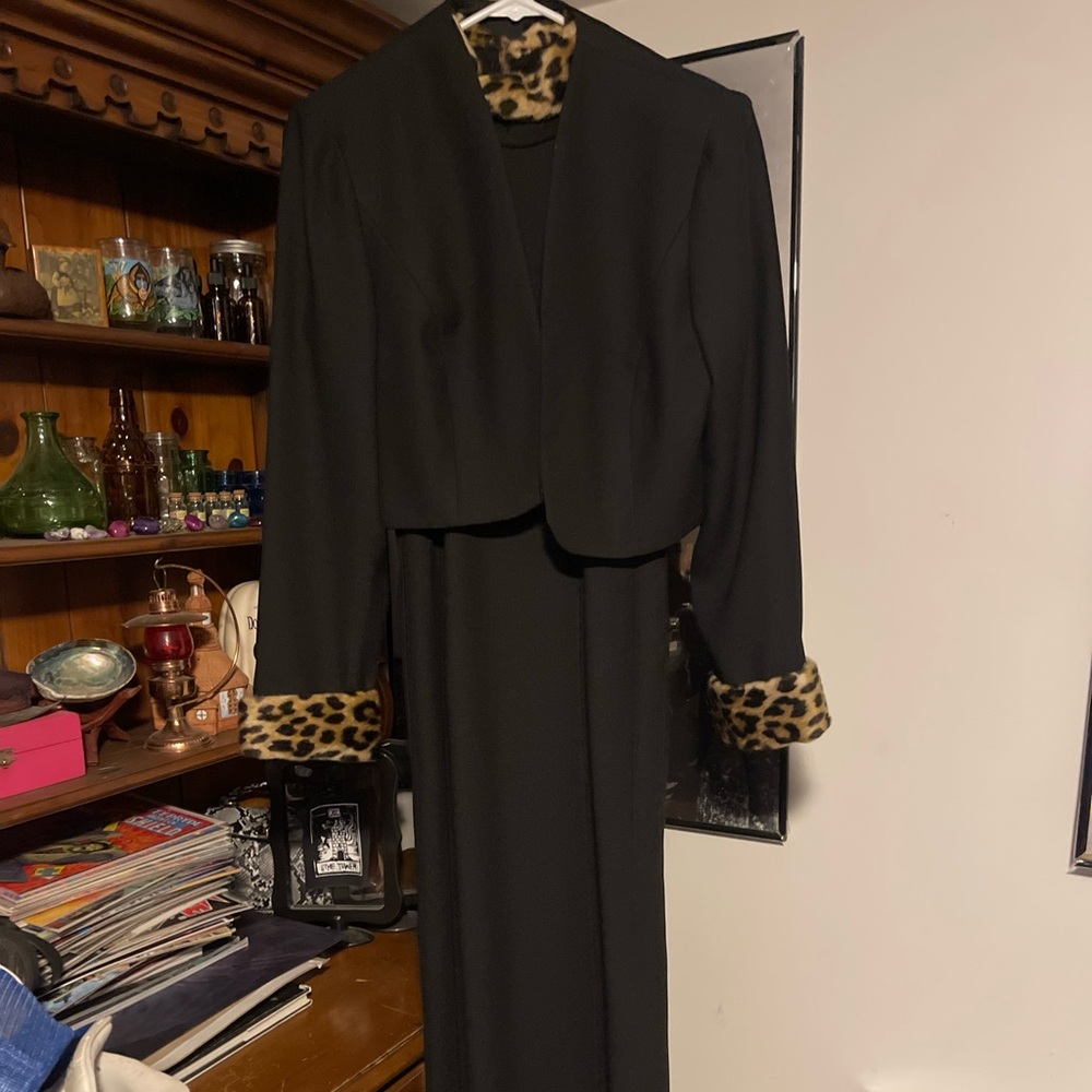 Vintage black floor length faux fur cheetah collared dress and balero jacket